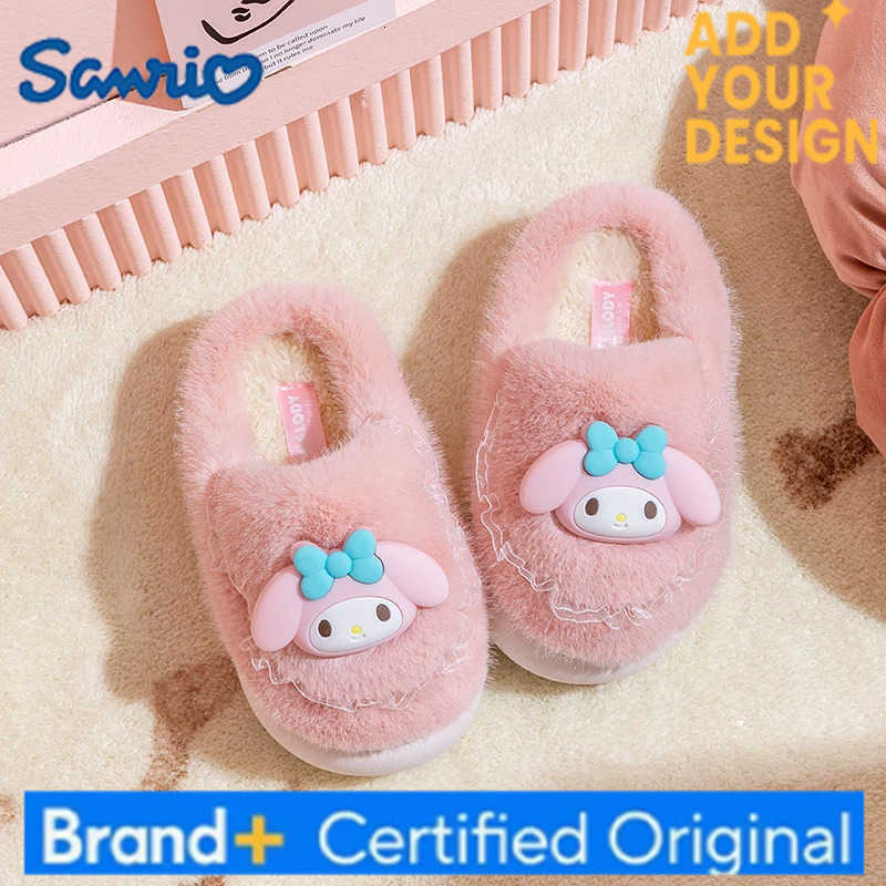 Sanrio Winter Cute Cartoon Non-slip Childrens Plush Slippers Soft Sole Flip Flops Kids Girls Indoor Mule Warm Home Cotton Shoes H251223