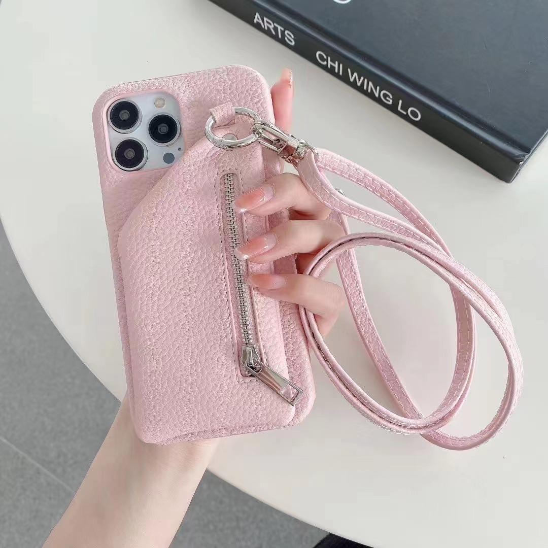 Compatible with Apple Max Phone Case Solid Color Lychee Texture iPhone 16 Shockproof Cover Zipper 13 Pro for Women