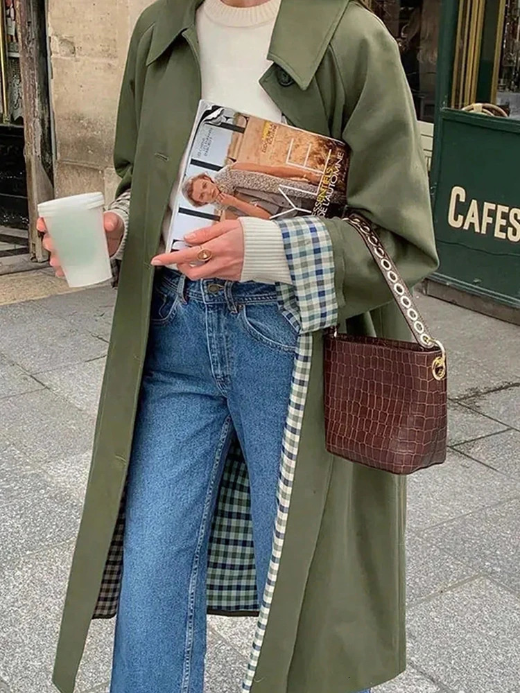 In Plaid Lining Solid Trench Coat Woman Clothing Single Breasted Long Sleeve Jacket Spring Autumn Lady Outwear 251222