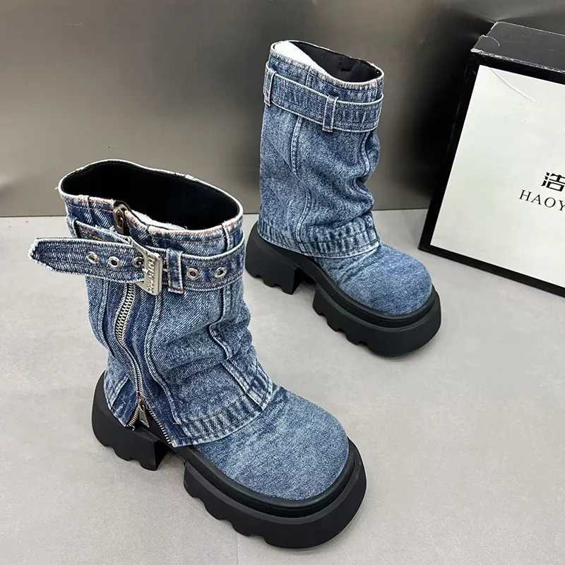 Women Cowboy Mid-calf Boots Zipper Platform Mid Heels Designer Shoes Winter New Motorcycle Boots 2024 Fad Trend Mujer ZapatosT251223