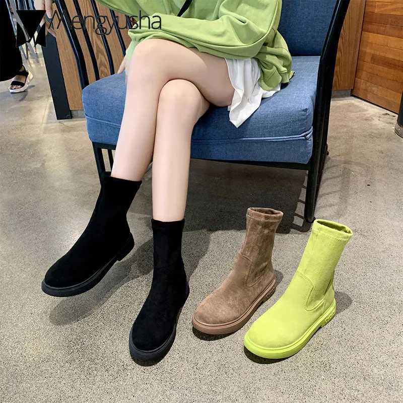 candy color green mid-calf boots women flat rubber suede leather short booties mujer comfortable slip on chelsea botas femininasT251223