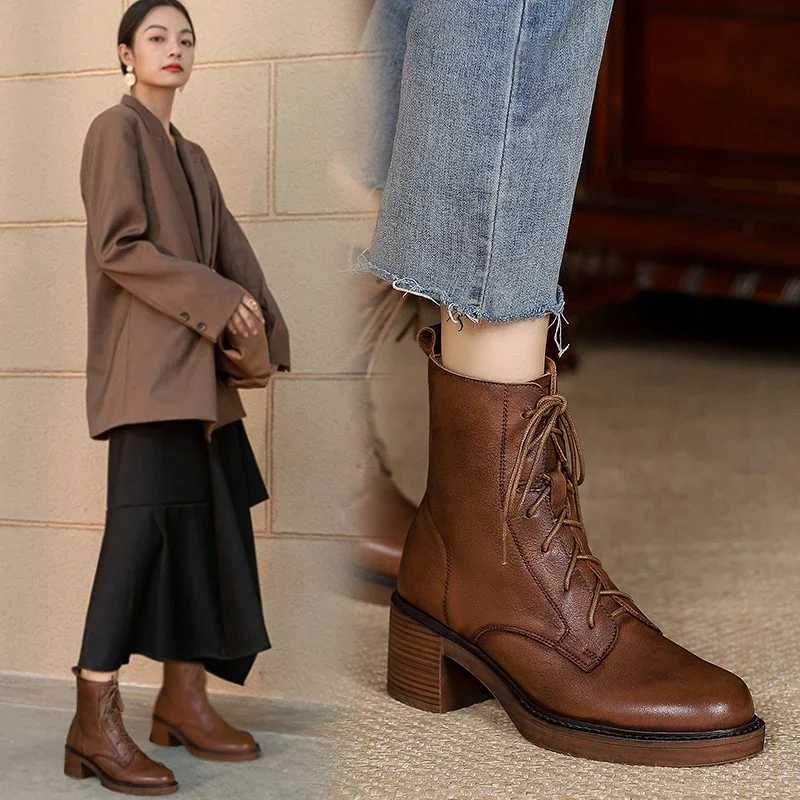 2025 Winter Genuine Leather Women Boots Round Toe Thick Heel Lace Up Fashion Ankle Boots Retro Boots Platform Shoes Heels GrownT251223