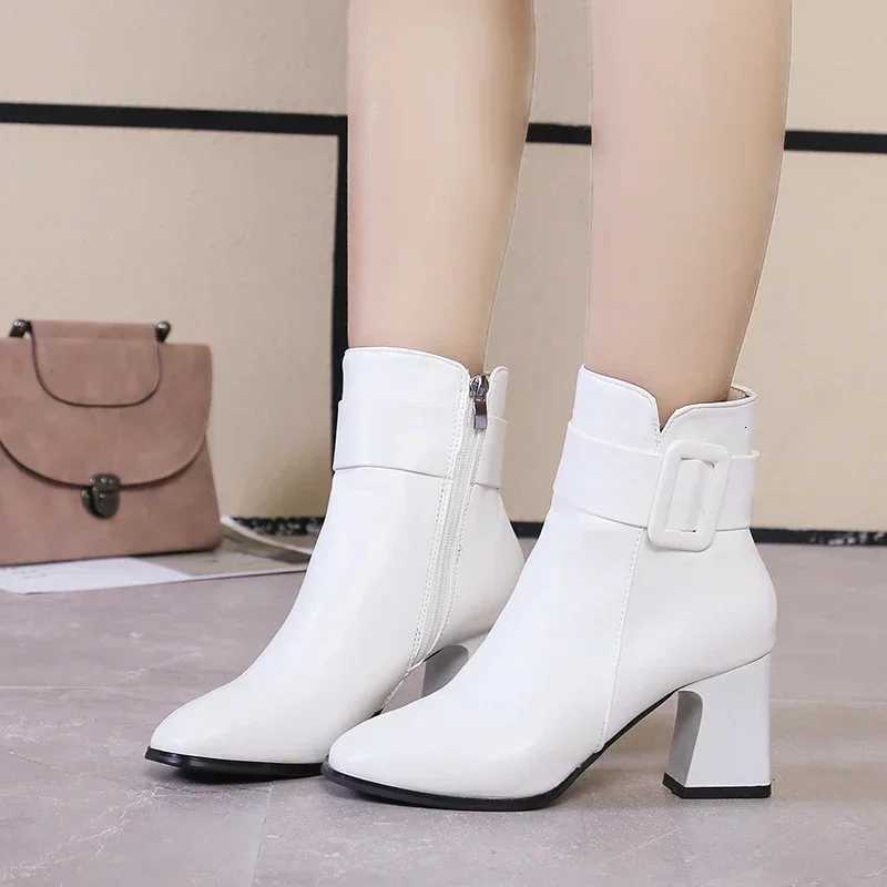 White Black Thick High Heel Ankle Boots Women 2024 Pointed Toe Keep Warm Elegant Short Booties Ladies Ankle Buckle DecorationT251223