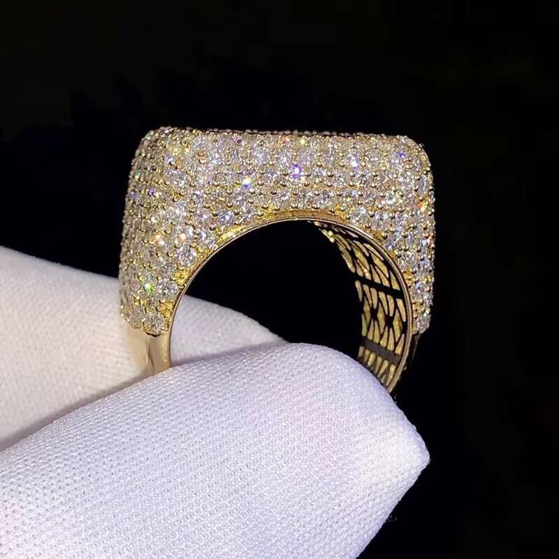 Hip Hop Jewelry Luxury 14K Gold Plated Solid 925 Sterling Silver Iced Out Paved VVS Moissanite Diamond Ring for Men Women Party