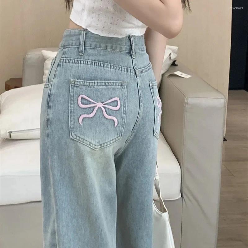Women's Jeans 2025 Autumn Winter Bow Embroidery Design Sweet Korean Style High Waist Loose Fit Straight Leg Z260313