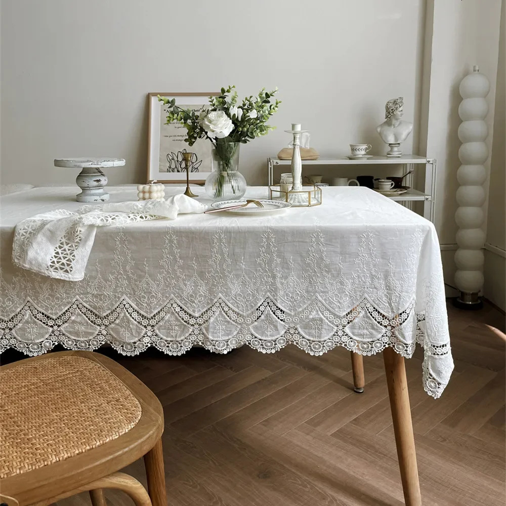 French White Lace Flower Embroidery Cotton Tablecloth for Wedding Party Decoration Table Cloth Table Cover 251222