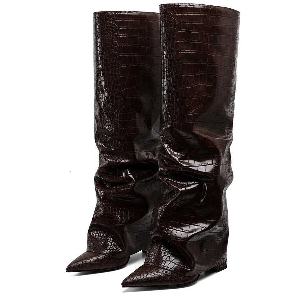 GIGIFOX Knee High Fashion Women Fold Over Boots Pleated Block High Heel Pointed Toe Shoes All-Match Street Snap Boots For WomanT251223