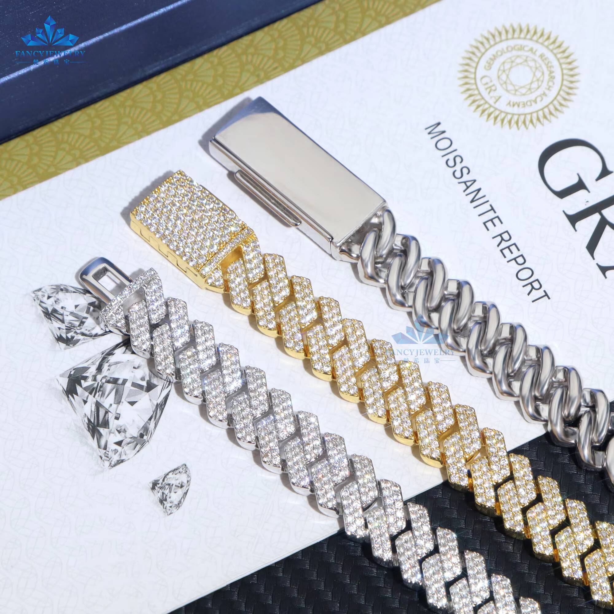 Iced Out Vvs Moissanite 2 Rows Cuban Chain Bracelet 925 Sterling Silver Diamond Moissanite 10mm 12mm Cuban Link Chain