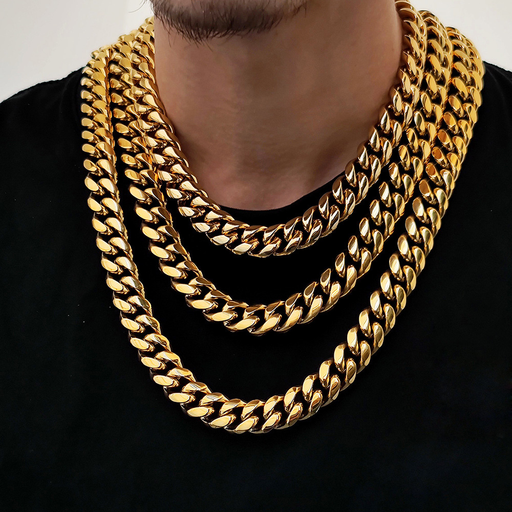 18mm Hip Hop 316L Stainless Steel Miami Cuban Chain 18K Real Gold Plated High Polished Mens Necklace Jewelry 5A Zircons Clasp