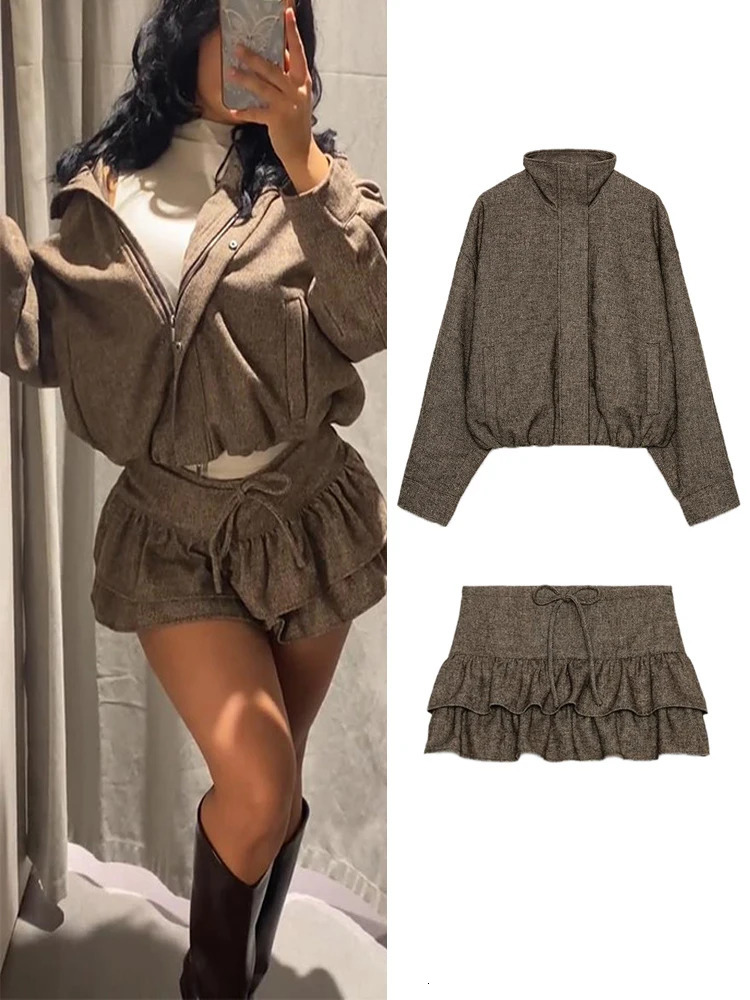 Fashion Layered Pleated Skirt Sets For Women Stand Collar Bomber Jacket Sexy Mini Skirts Baddies Two Pieces Set Chic Lady Outfit 251219