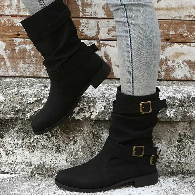 Large Mid Length Retro Boots for Women 2024 Autumn and Winter New Item Solid Color Fashion Boots Buckle Casual Knight BootsT251223