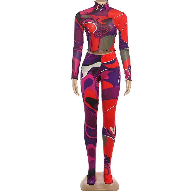 Yomesugar Fall Colorful Print 2 Piece Set Women Sporty Full Sleeve Crop TopsLeggings Matching Tracksuits Y2k Streetwear 251218
