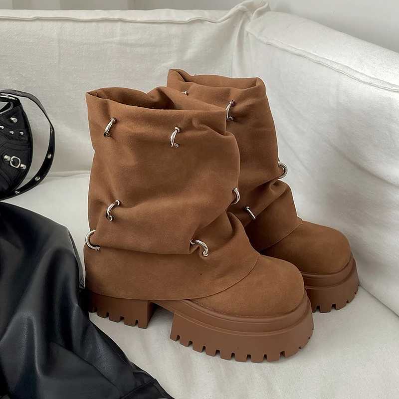 Winter Chunky Platform Heels Women Ankle Boots Punk Pleated Height Increase Short Booties Shoes Zapatos MujerT251223
