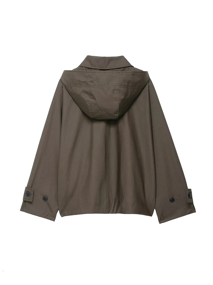 Womens Short Trench Coat Solid Hooded Loose Casual Overcoat Single Breasted Windbreaker Chic Lady Outfits 2025 Autumn 251212