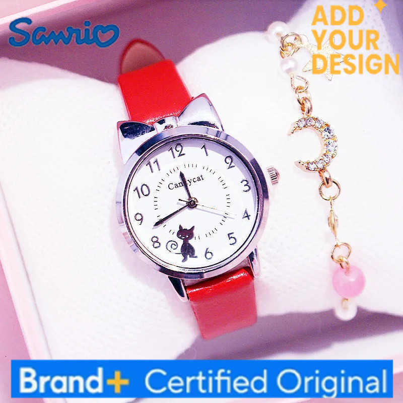 Sanrio Fashion Kids Leather Strap Quartz Watch Children Set Bracelet Watch Student for Girls Clock Kids Watch Cute Cat Gold Dial Watch H251223