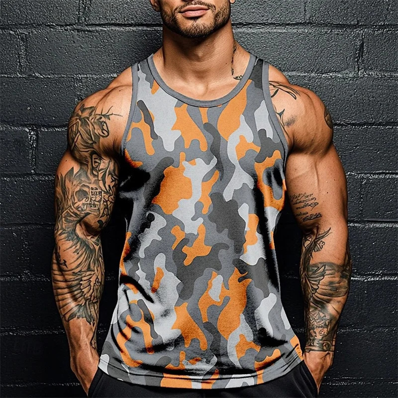 Summer Men Classic Camo Print Fitness Tank Top Gym Sports Loose Breathable Soft Sleeveless Top Fashion Simple Mens Vest Tee 251222