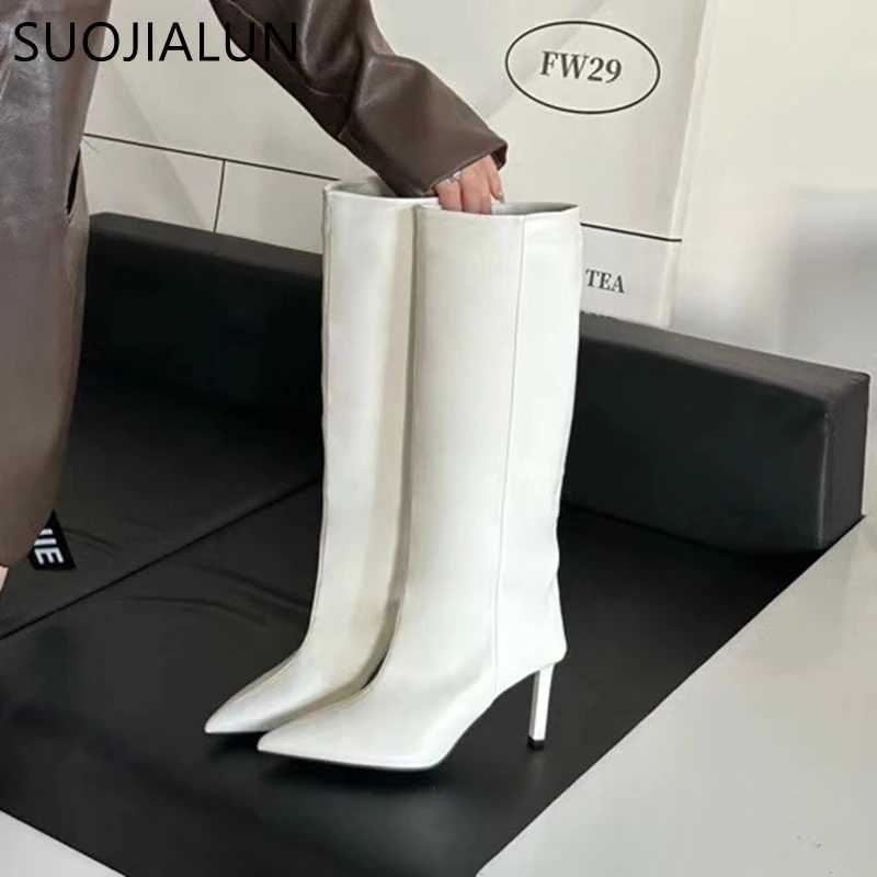 SUOJIALUN Brand Women Long Boots Fashion Pointed Toe Slip On Ladies Elegant Knee-high Boots Thin High heel Outdoor Dress PumpsT251223