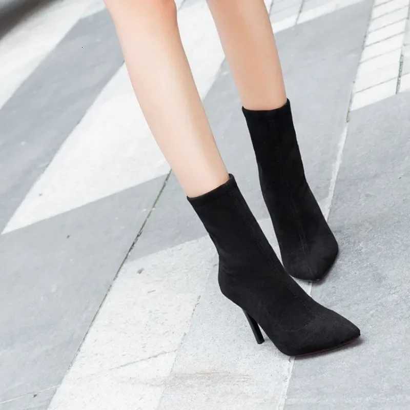 2024 Women Boots Short High Heels Shoes for Women Autumn Suede Imitation Leather Ankle Boots Black Sock Women Heels Boots FemaleT251223
