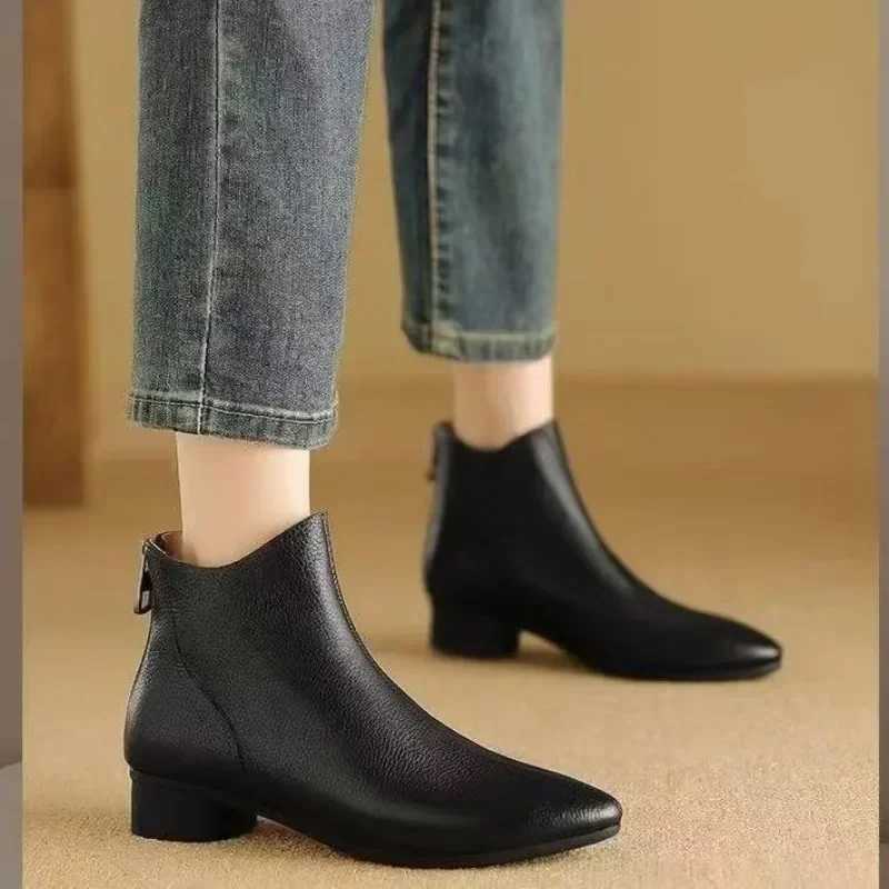 New autumn and winter soft leather bare boots with pointed and thick matching boots French retro short boots for womenT251223