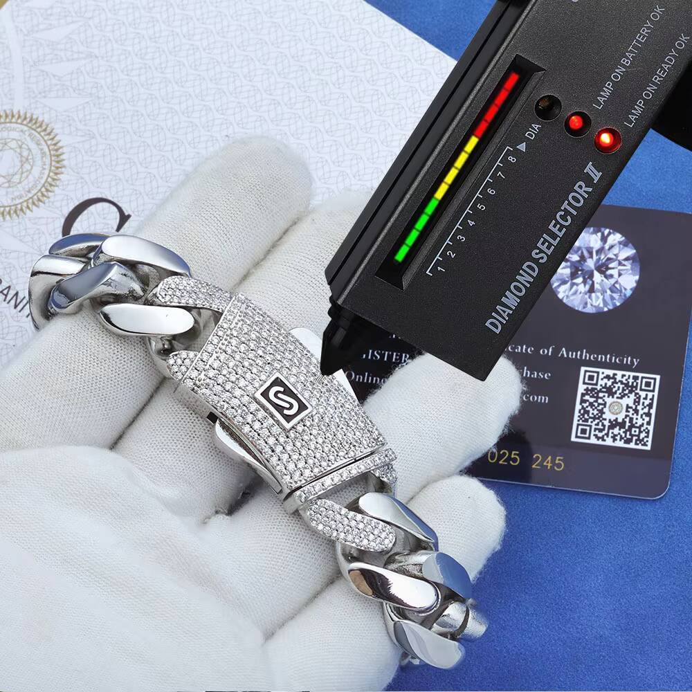 NUOAY 925 Silver Cuban Chain Necklace with Iced Out Moissanite Clasp Hip Hop Style Pass Diamond Test Fine Jewelry for Women Men