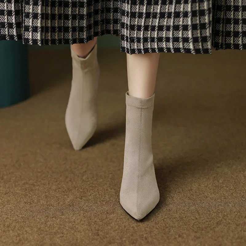 Womens Elastic Boots 2025 Autumn/winter New Pointed Suede Nude Color Non-slip Back Zipper High-heeled Fashion Boots Botas MujerT251223
