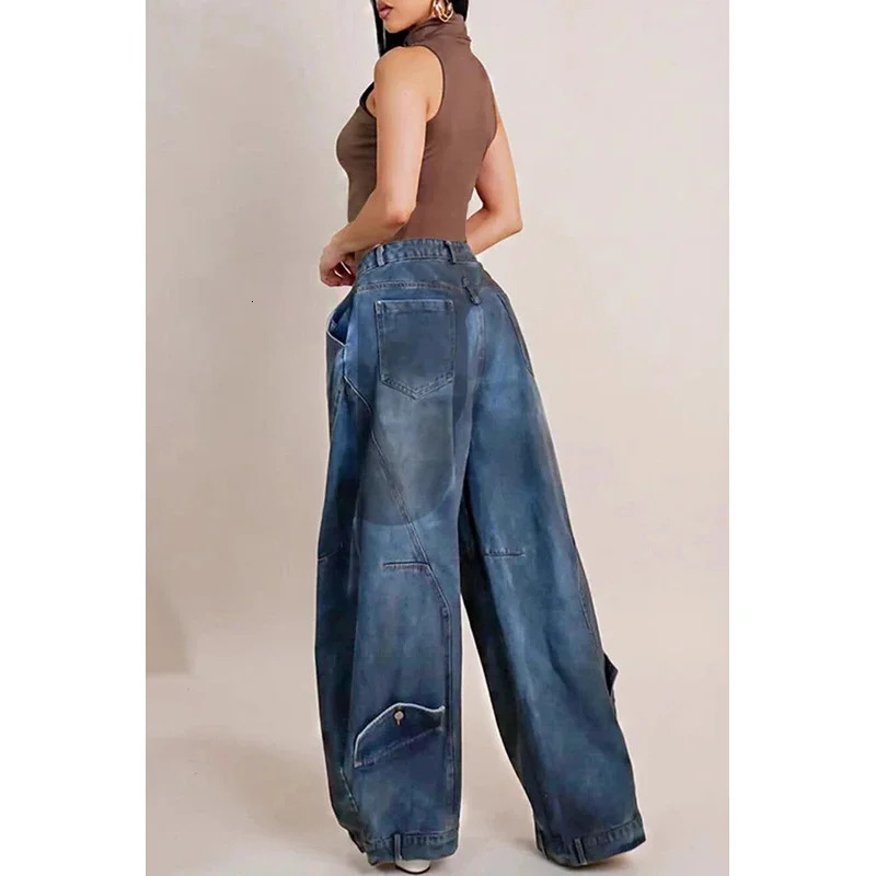 Y2K Women Loose Denim Jeans Asymmetric Button Pocket Washed Jean Casual Harajuku High Street Grunge Trouders Pants Z260313