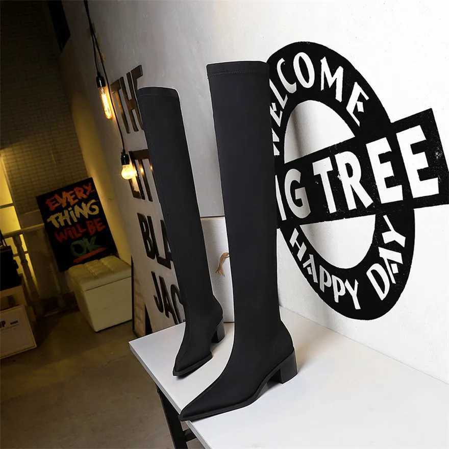 New Women Stretch Lycra Sexy Long Sock Boots Pointed Toe Platform Party Shoes Ladies Slim Chunky High Heels Over The Knee BootsT251223