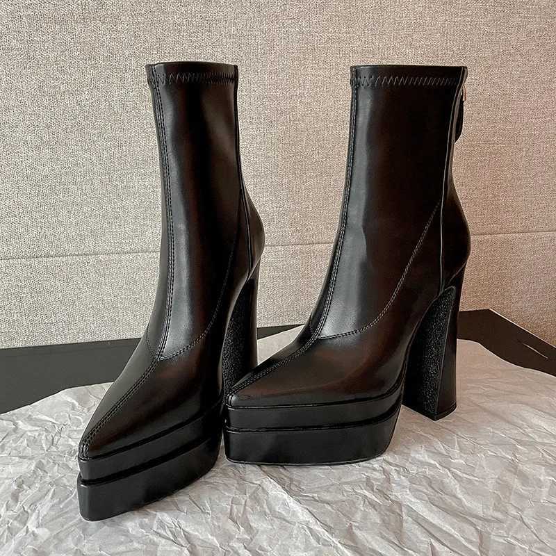 MKKHOU Fashion Short Boots Womens New High Quality Genuine Leather Boots Pointed Zipper Thick Bottom Ultra High Heels BootsT251223