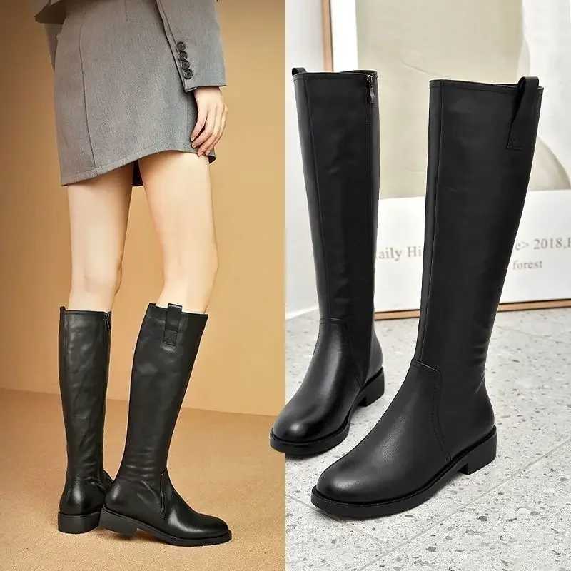 Knight Boots for Women Autumn and Winter Soft Leather Square Heel Zip Modern Boots Fashion Round Toe Thin Fleece Knee-high BootsT251223