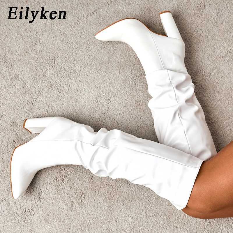 Fashion Pleated Women Knee High Boots Sexy Pointed Toe Square Heels Ladies Long Female White Black Shoes size 35-42T251223