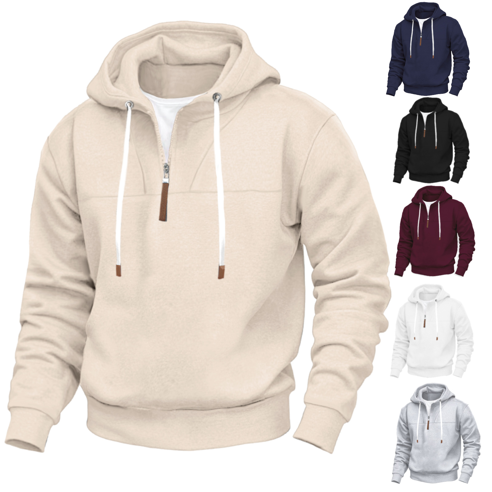 American Classic Men's Fleece-Lined Half-Zip Trendy Hoodie with Panel Design Long-Sleeve Loose Plus-Size Couple Hooded Sweatshirt