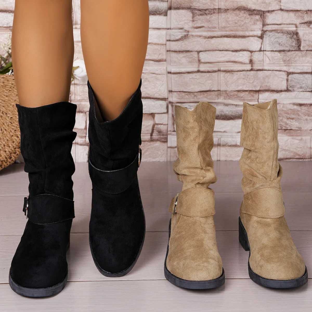 2025 Spring and Autumn New Womens Buckle Style Low Heeled Mid Heeled Boots Fashionable and Comfortable Womens Fashion BootsT251223