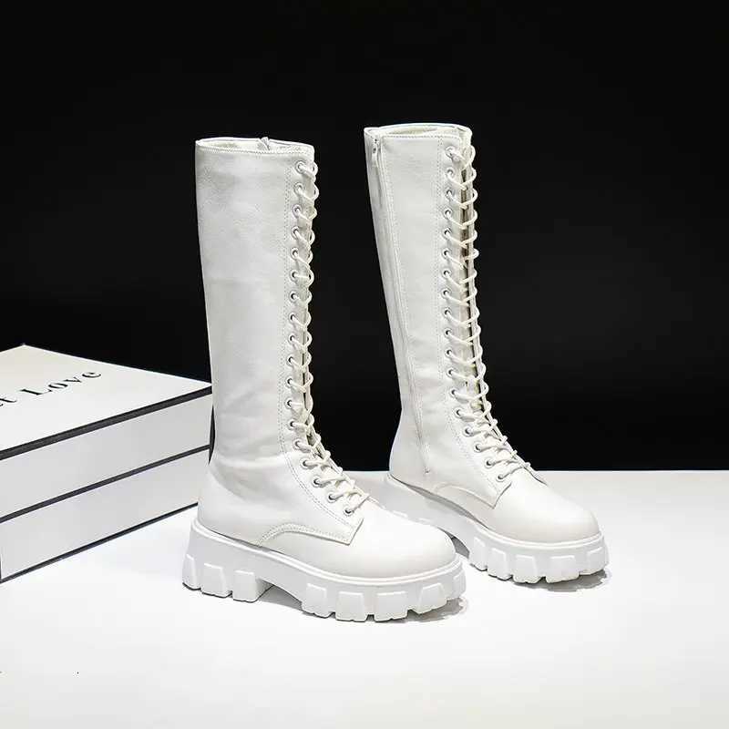 Aphixta 2025 Winter Shoes Womens Long High Boots White PU Leather Knee High Boots Female Fashion Lace Up Platform Botas MujerT251223