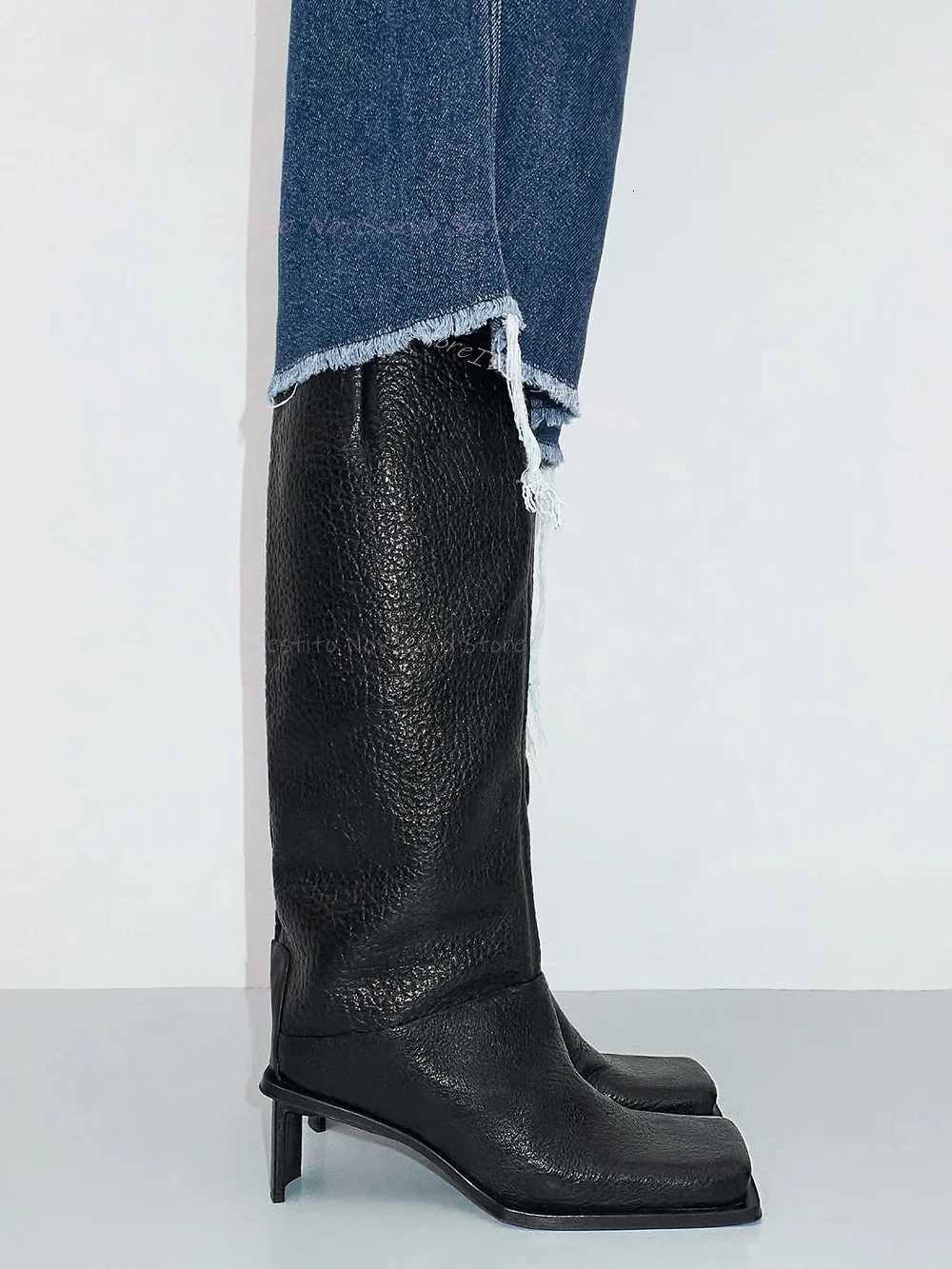 Square Toe Punk Knee High Boots Thin Block Heels Black Leather Size Zip Fashion Sexy Ladies Daily Casual Autumn BootiesT251223