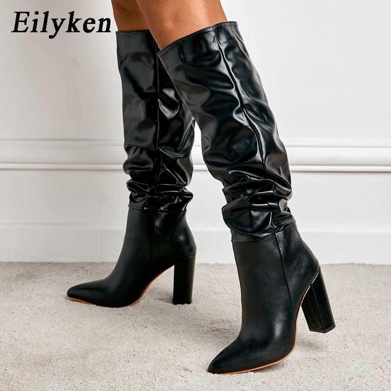 Fashion Pleated Women Knee High Boots Sexy Pointed Toe Square Heels Ladies Long Female White Black Shoes size 35-42T251223