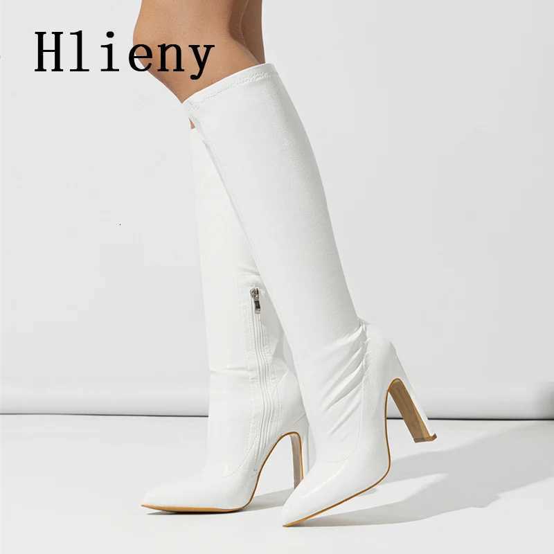 Hlieny Autumn Winter Fashion Women Knee High Motorcycle Boots Sexy Pointed Toe Square Heels Long Zipper Female Botas ShoesT251223