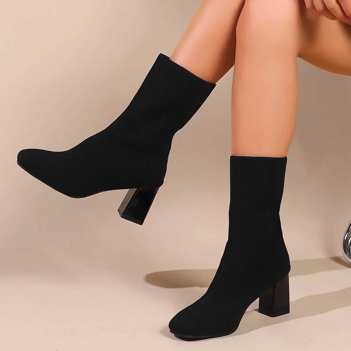 Elastic boots for women 2024 new autumn /winter square toe woven oversized womens boots thick high heels length womens bootsT251223