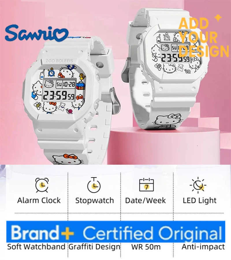 Sanrio Hello Kitty Watch LED Digital Watchs Student Versatile Silicone Watch Childrens Wrist Watch Waterproof Sports Kids Clock H251223