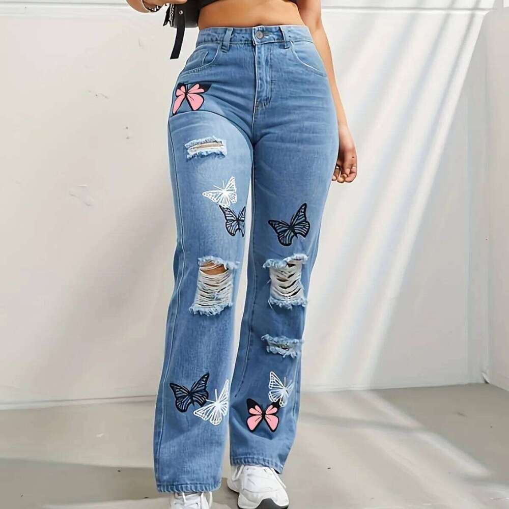 Butterfly Printing Denim Trousers Women Holes Jeans Straight Pants High Waist Loose Fit Vintage 2024 Casual Distressed Denims X251224