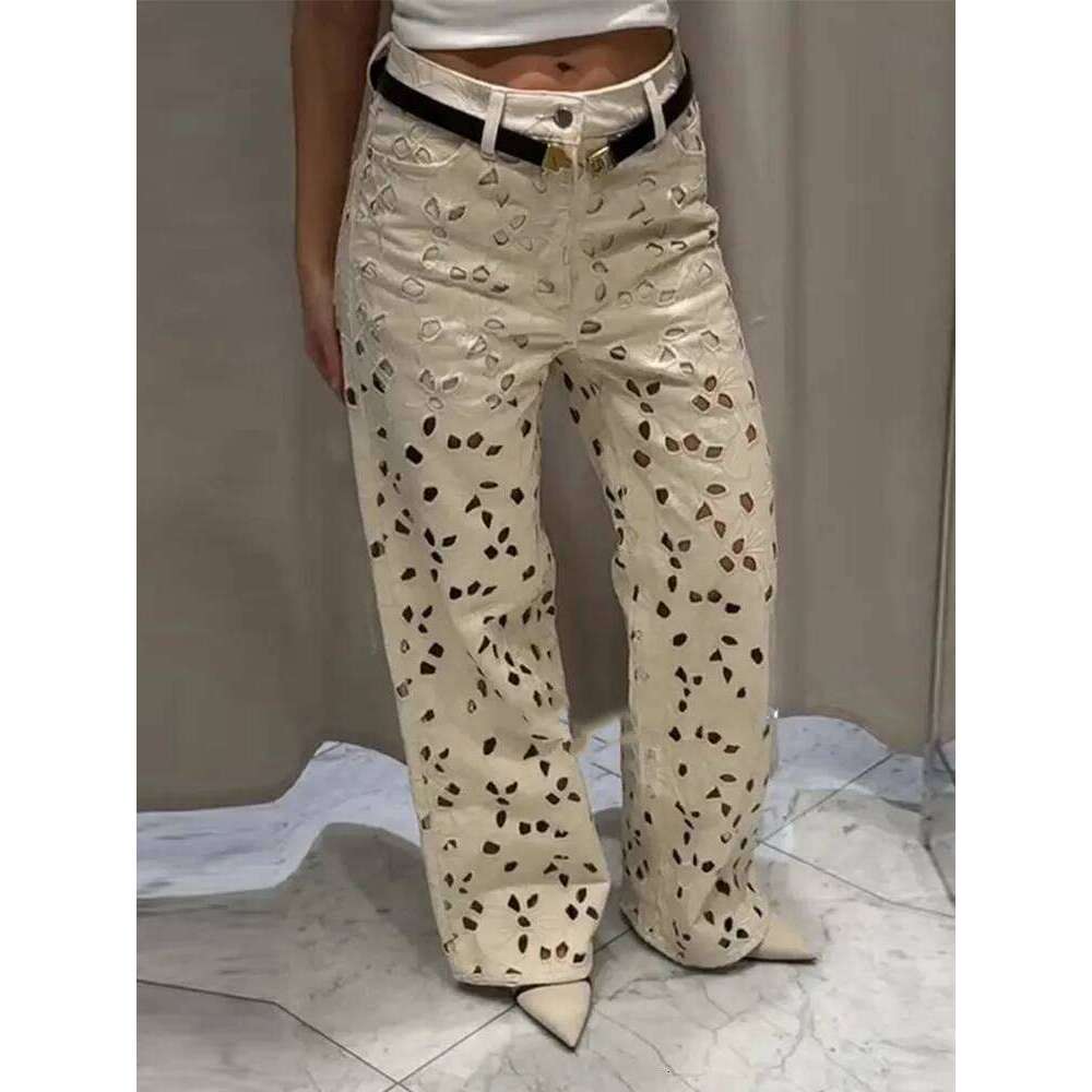 Hole Women's Jeans Fashion Flower High Waist Hollow Out Loose Female Solid Denim Trousers 2025 Spring Summer New Streetwear Pant X251224