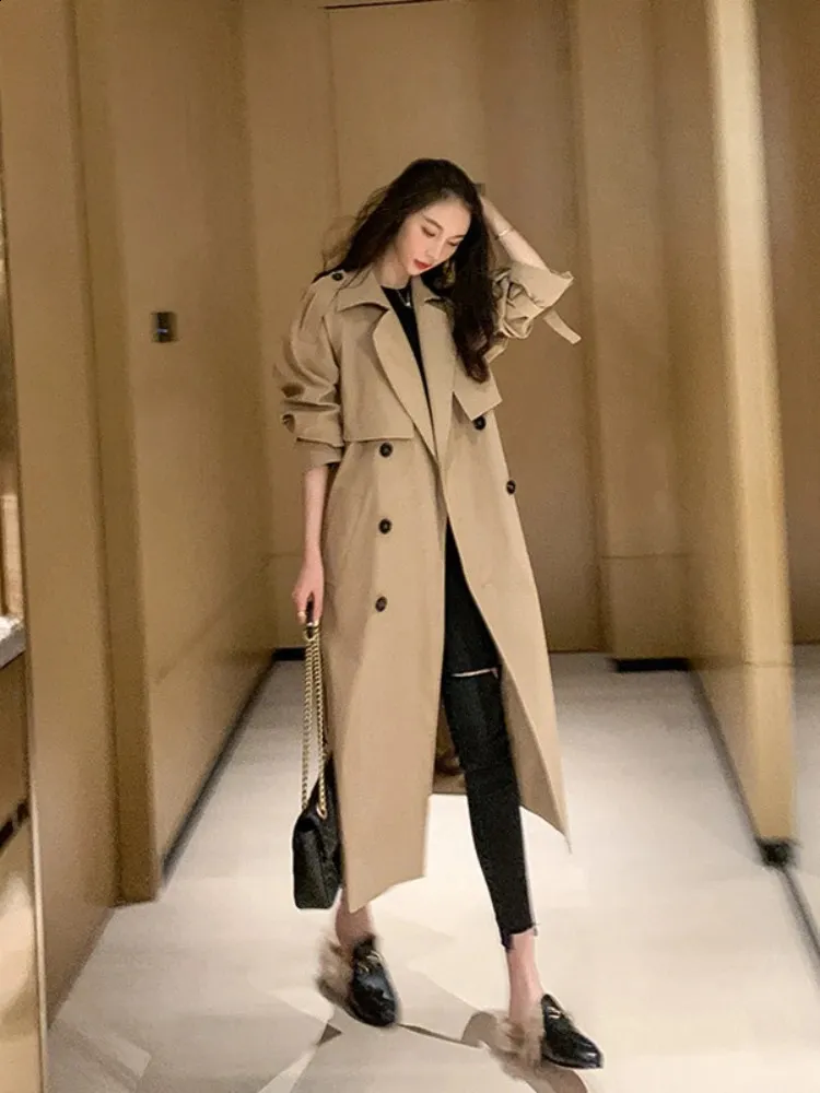 Winter Jacket Trench Coat for Women Clothe Solid Color Lapels Double Row Buttons Long Windbreaker Ladies Work Tops