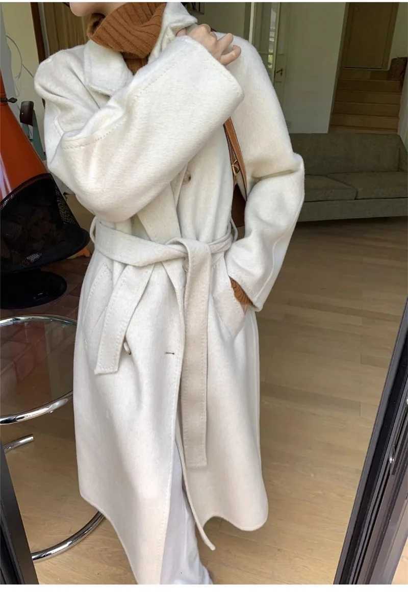 Winter Korean Handmade Double Breasted Long 100 Wool Coat Women Casual Loose Lacing Belt Woolen Overcoat OversizedT251224