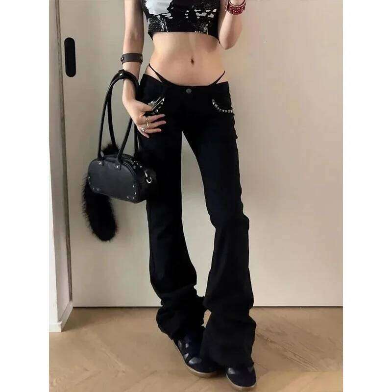 Women Vintage Black Low Rise Flared Jeans Denim Pants American Retro Rivet Slim 90s Bell Bottom Y2k Harajuku Kpop Trousers X251224