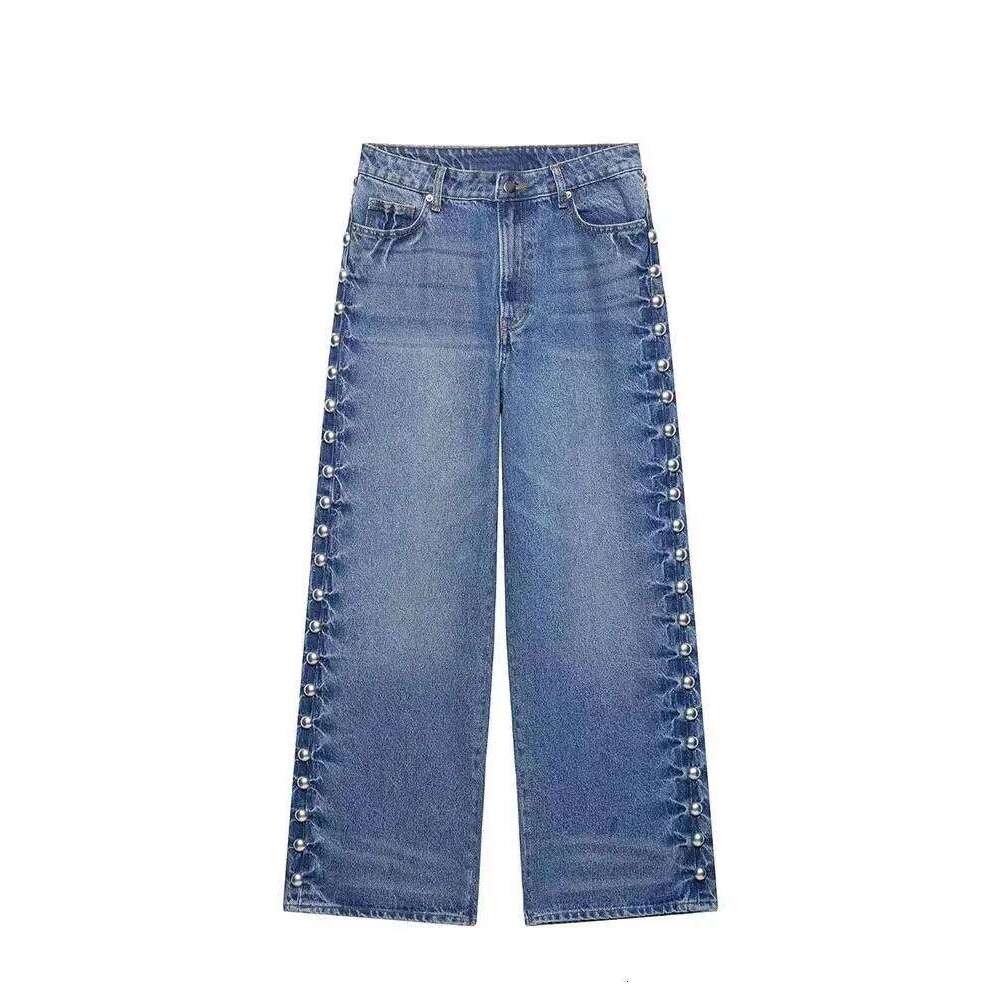 HH Street Fashion Straight With Metal Rivets High Waist Loose Wide-leg Jeans For Women Autumn Versatile Pants Vintage Bottom X251224