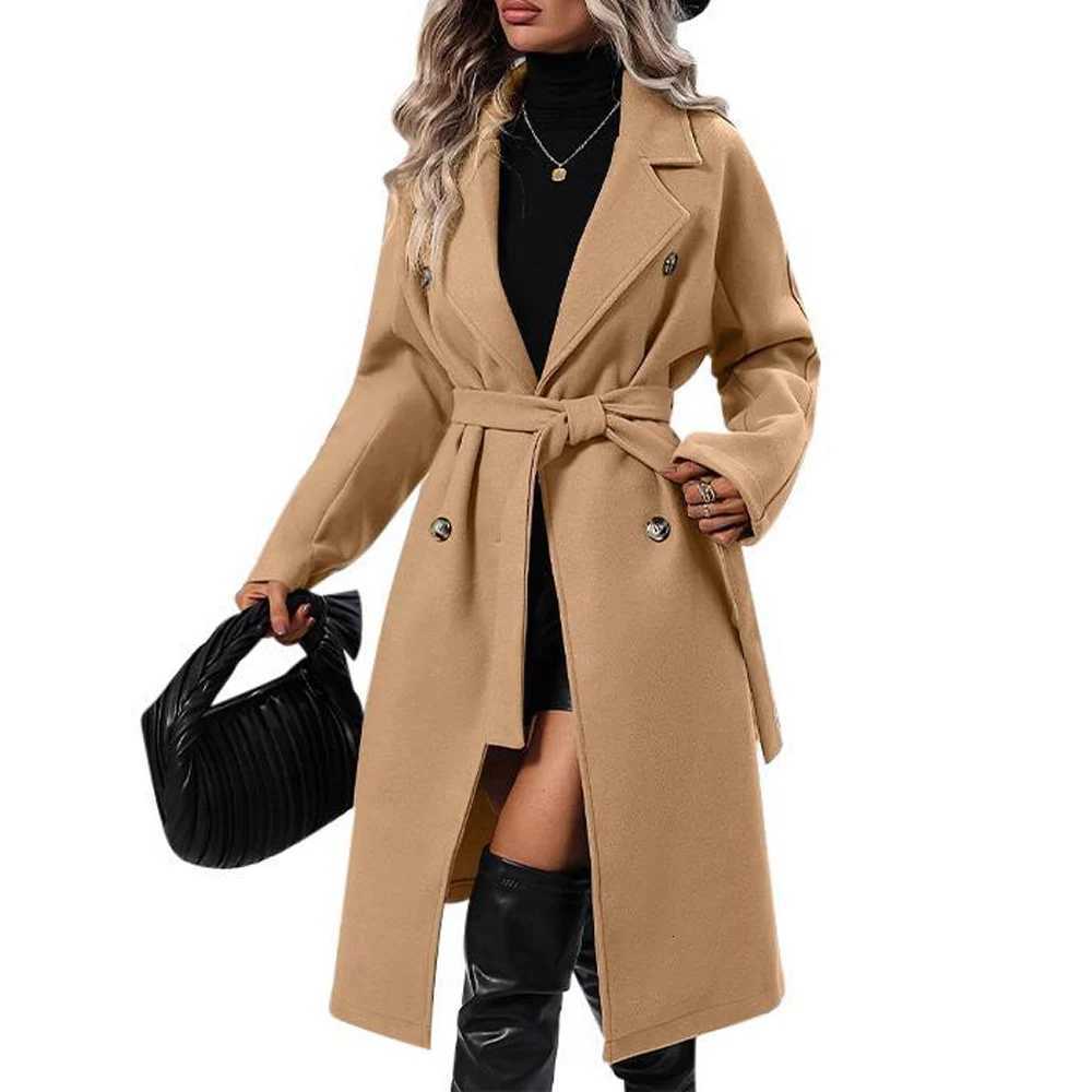 Women Long Wool Blend Coats Female Turn Down Collar Thick Long Double Breasted Button Trench Overcoat JYFS-9238T251224