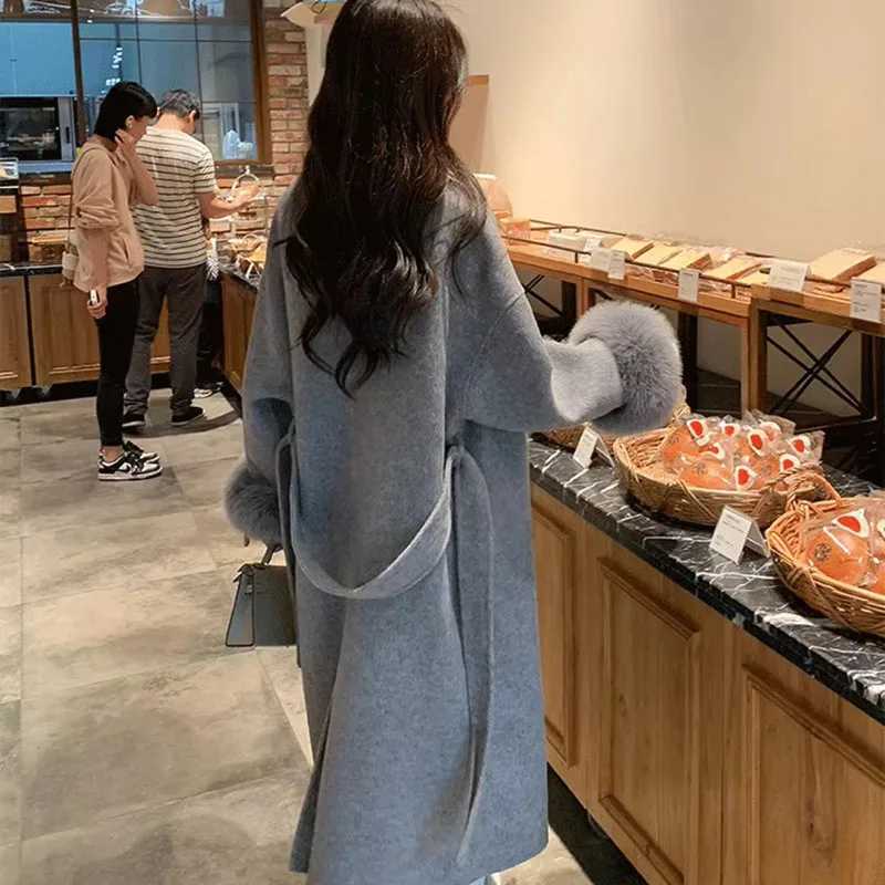 Autumn Winter New Double-Sided Cashmere High Quality Womens Woolen Coat 2025 Fashionable Fox Fur Sleeve Women Woolen Coat H700T251224