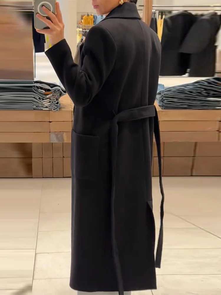2025 Autumn Winter Womens Lapel Long Coat with Belt Elegant Lace Up Pockets Female Solid Jackets Fashion Lady Outerwear StreetT251224