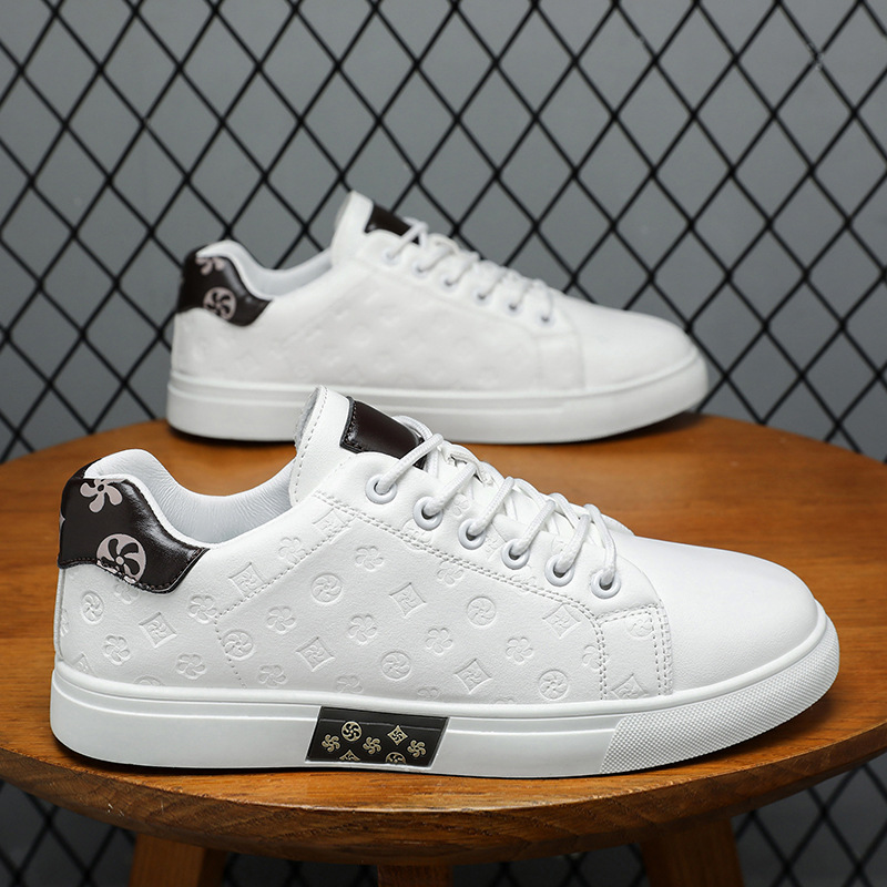 Free shipping men's black leather sneakers embossed pattern premium material comfortable stylish versatile daily wear fashionable athletic casual