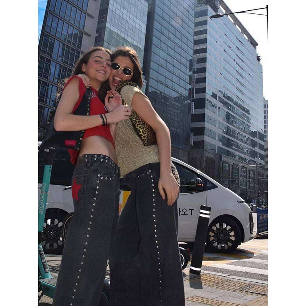 Fashion Dropped Riveted Denim Trousers Women High Street Straight Floor-length Solid Pants Autumn Winter All-match Y2K Jeans X251224