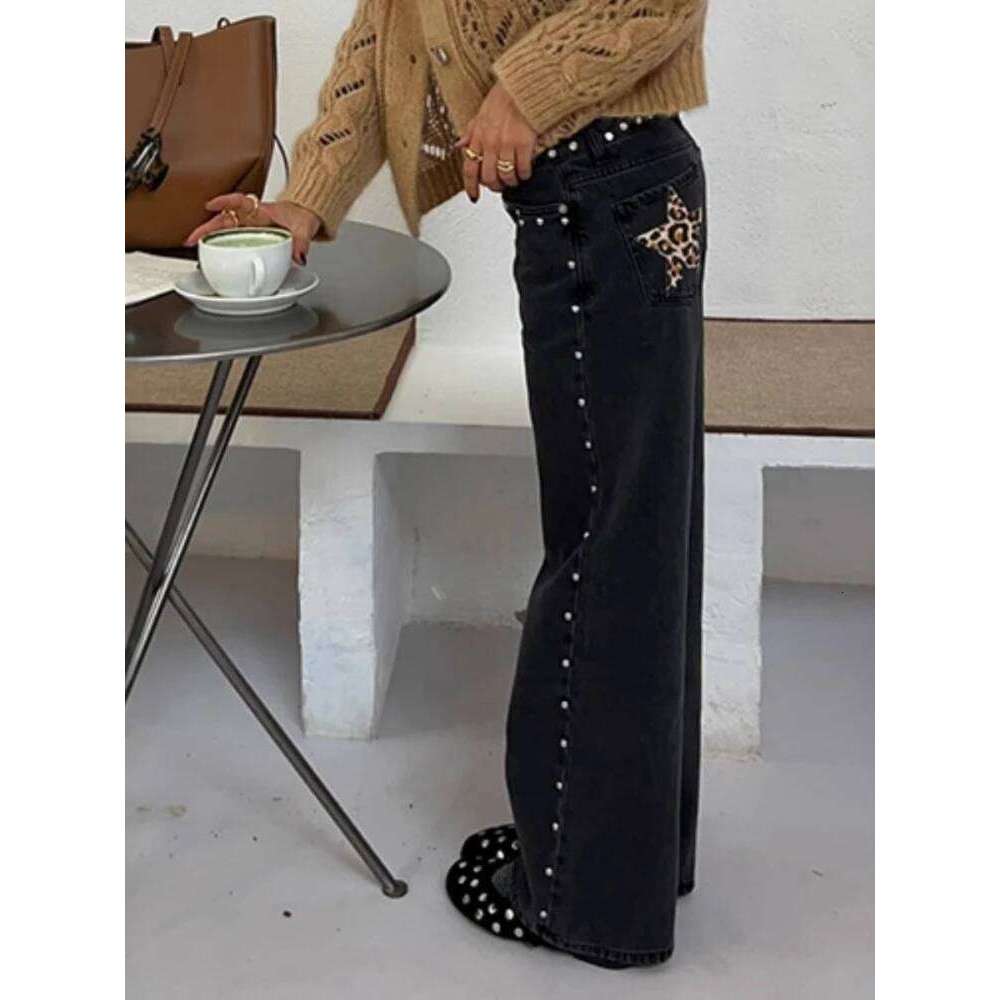 HOUZHOU Y2k Black Vintage Leopard Star Patchwork Women Jeans Punk Rivet American Style Straight Denim Trousers Baggy High Street X251224